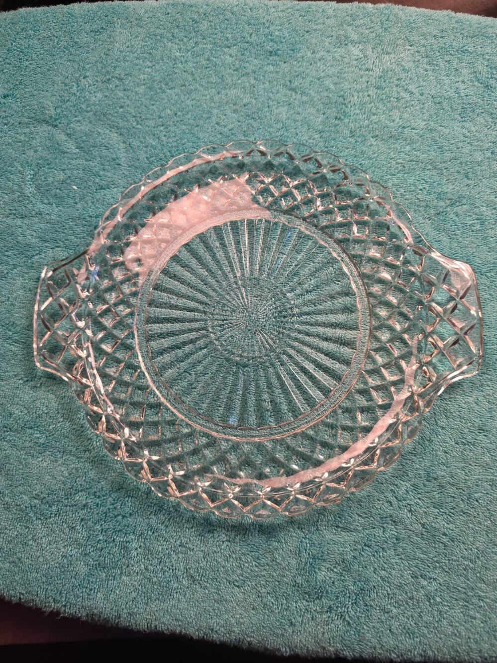 Vintage Anchor Hocking Waterford Waffle Clear Glass 2 Handled Cake Plate